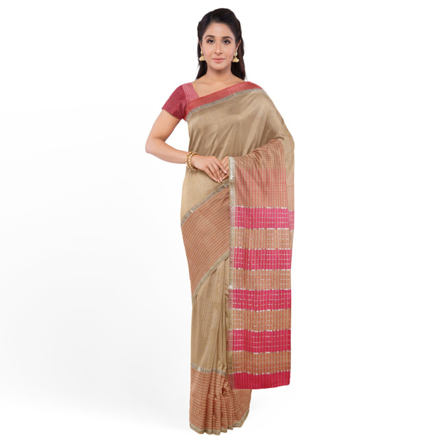 Tribes India Mangla Cotton Saree with Unstitched Blouse Piece Tortilla & Pink Color