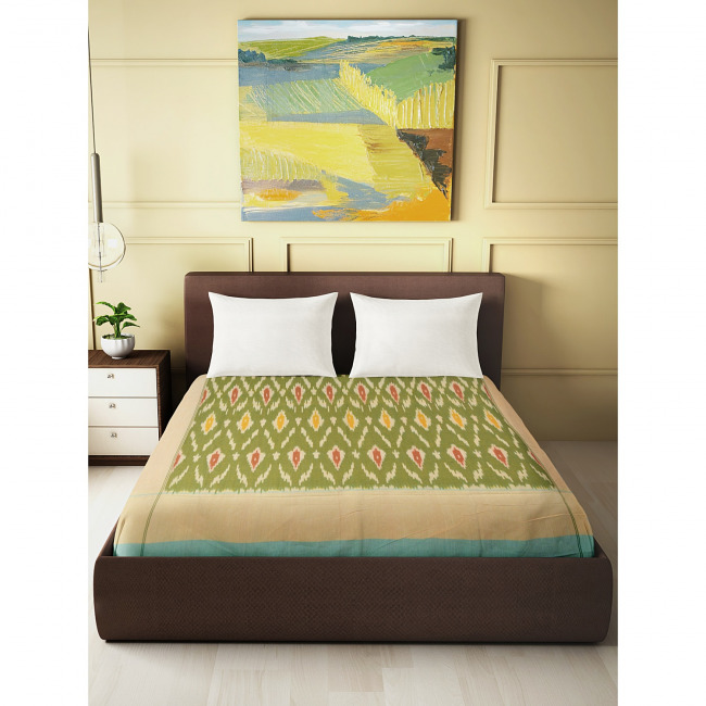 Tribes India Pochampally Ikkat Single BedSheet Green with Wheat Color