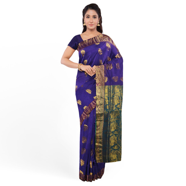 Tribes India Raw Silk Gatti Border Saree with Blouse Piece Standard Size Dark Blue Color
