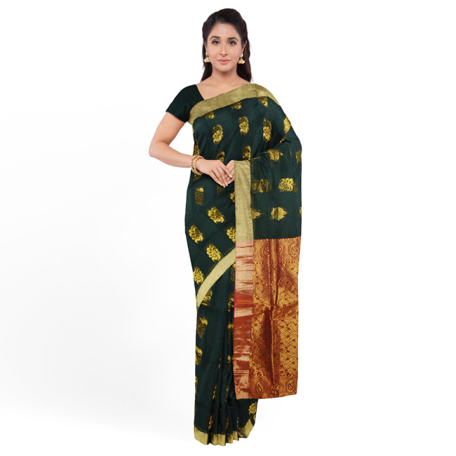 Tribes India Raw Silk Gatti Border Saree with Blouse Piece Standard Size Mehndi Color