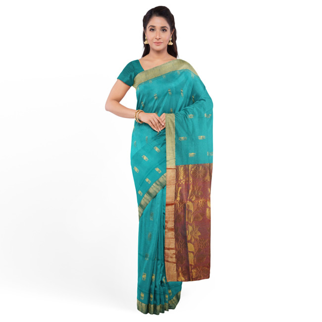 Tribes India Raw Silk Gatti Border Saree with Blouse Piece Standard Size Lu XGreen Color