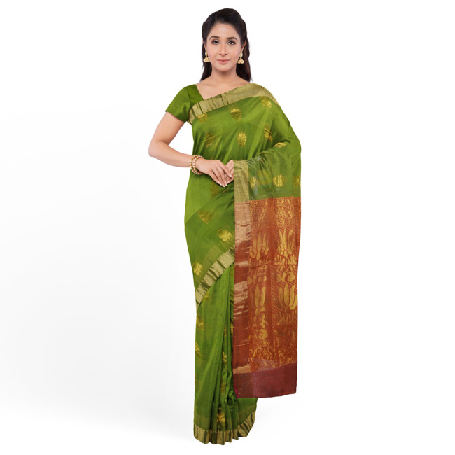 Tribes India Raw Silk Gatti Border Saree with Blouse Piece Standard Size Green Color
