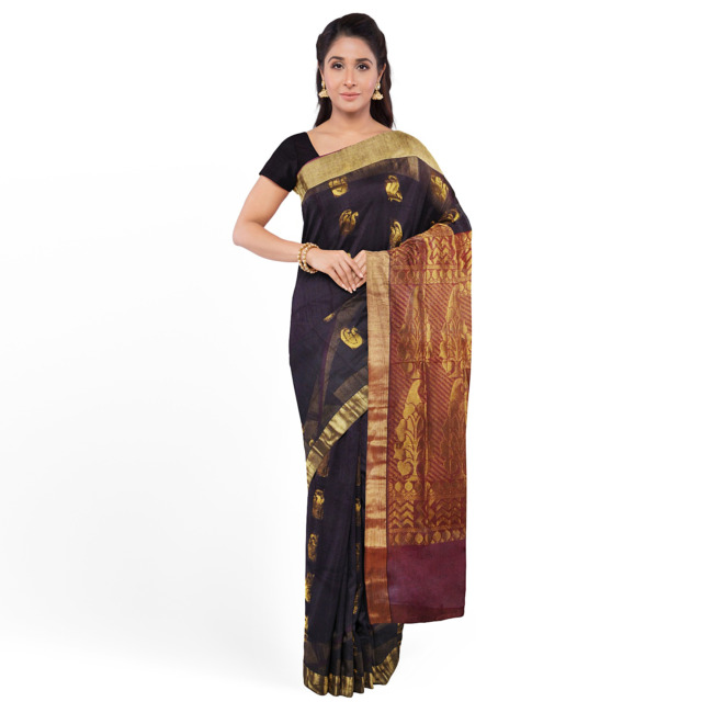 Tribes India Raw Silk Gatti Border Saree with Blouse Piece Standard Size Navy Blue Color