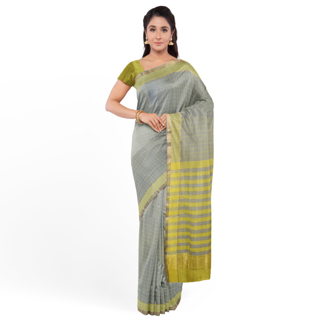 Tribes India Mangla Cotton Saree with Blouse Piece Light Grey & Yellow Color