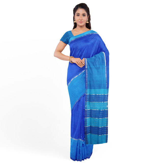 Tribes India Mangla Cotton Saree with Unstitched Blouse Piece Blue with Sky Blue Color