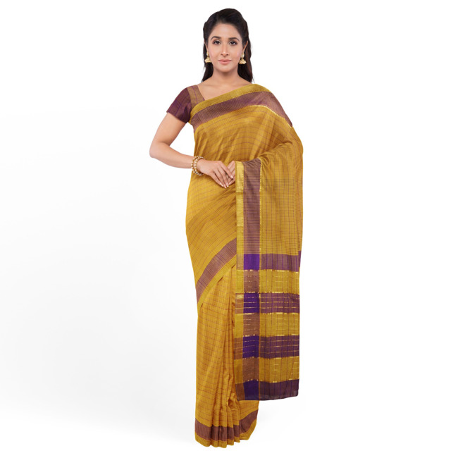 Tribes India Mangla Cotton Saree with Blouse Piece Mustard Yellow & Blue Color