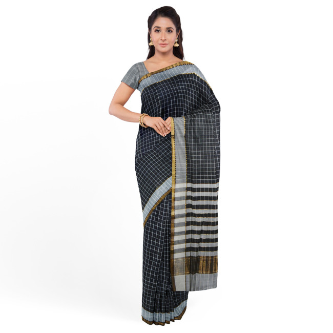 Tribes India Mangla Cotton Saree with Unstitched Blouse Piece Black & Off White Color