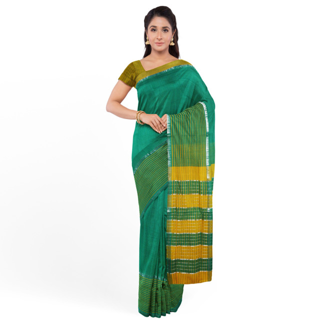 Tribes India Mangla Cotton Saree with Unstitched Blouse Piece Green Color