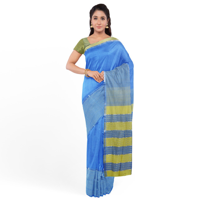 Tribes India Mangla Cotton Saree with Unstitched Blouse Piece Light Blue Color