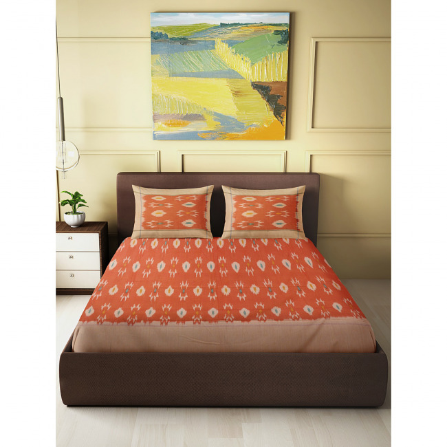 Tribes India Pochampally Ikkat Double BedSheet with Pillow Covers Orange with Wheat Color