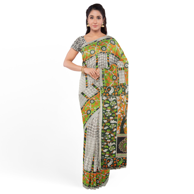 Tribes India Printed Kalamkari Design Cotton Saree with Unstitched Blouse Piece Off White & Green Color