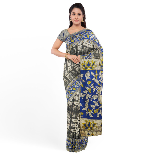 Tribes India Printed Kalamkari Design Cotton Saree with Unstitched Blouse Piece Grey & Blue Color