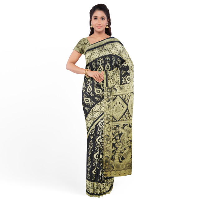 Tribes India Printed Kalamkari Design Saree with Blouse Piece Black & Cream Color