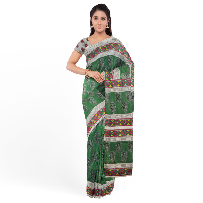 Tribes India Printed Kalamkari Design Cotton Saree with Unstitched Blouse Piece Green Color