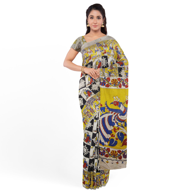 Tribes India Printed Kalamkari Design Saree with Blouse Piece Yellow Color