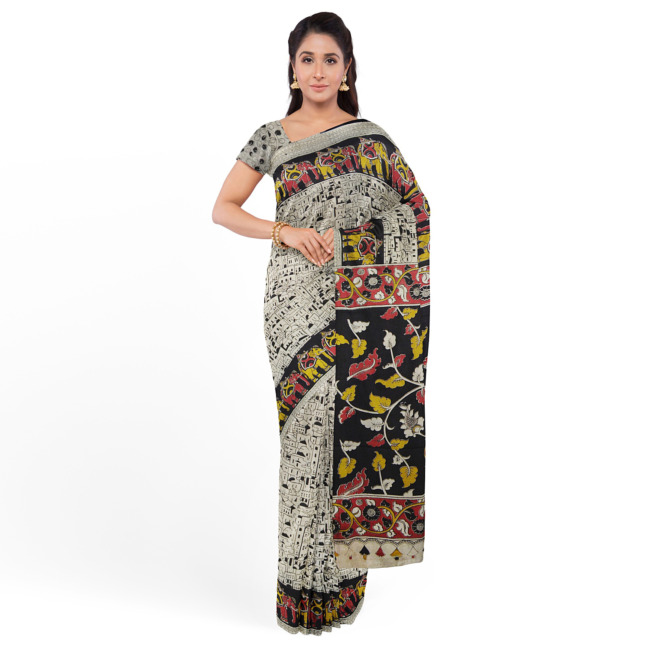 Tribes India Printed Kalamkari Design Saree with Blouse Piece Off White & Black Color