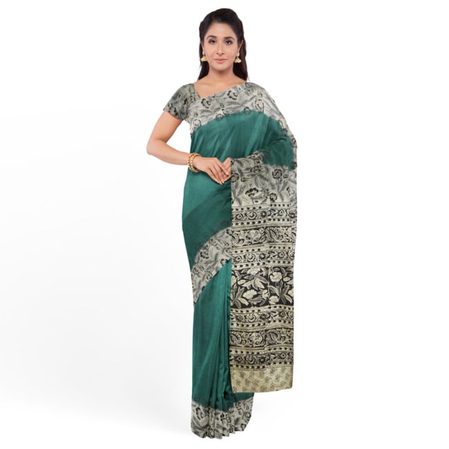 Tribes India Printed Kalamkari Design Saree with Blouse Piece Teal & Off White Color