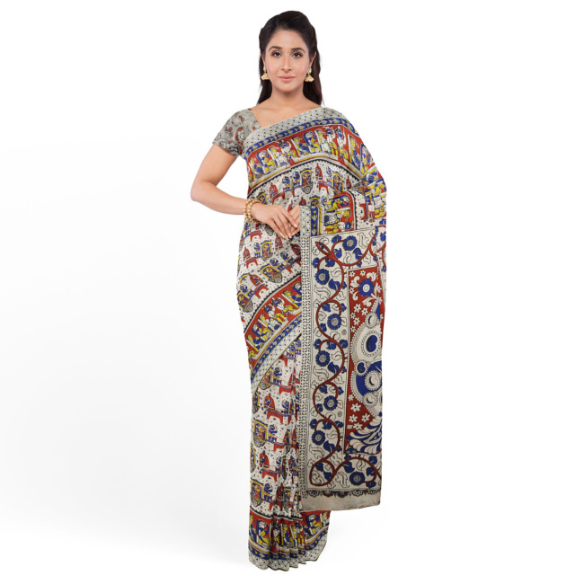 Tribes India Printed Kalamkari Design Saree with Blouse Piece Off White & Maroon Color