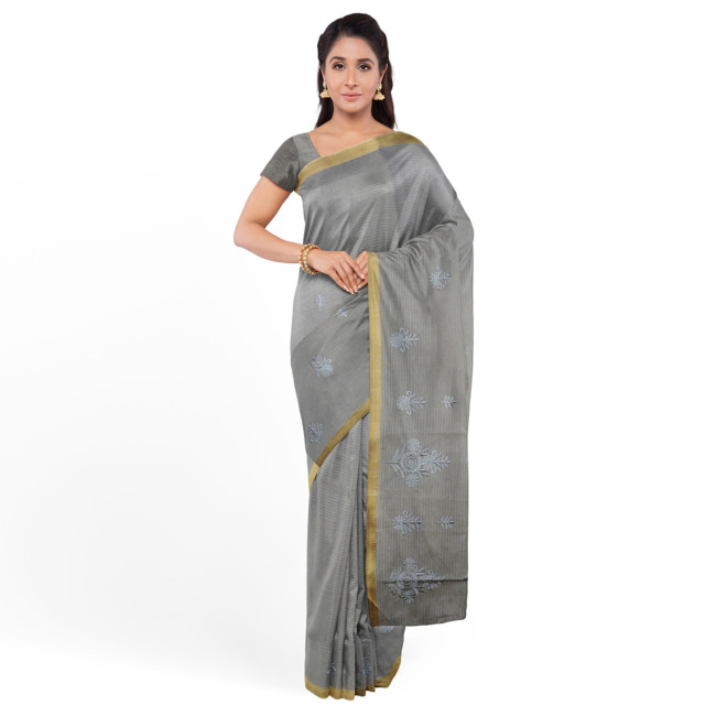 Tribes India Traditional Linen Cotton Saree with Blouse Piece Light Grey with Golden Border