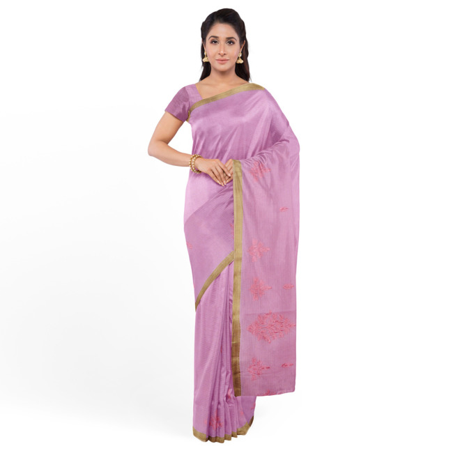Tribes India Traditional Saree with Blouse Piece Pink Color with Golden Border