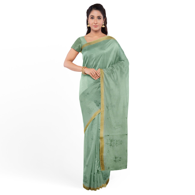 Tribes India Traditional Linen Cotton Saree with Blouse Piece Pista Color with Golden Border