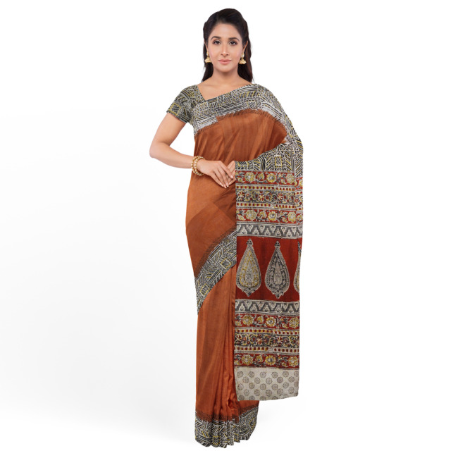 Tribes India Printed Kalamkari Design Saree with Blouse Piece Light Orange Color
