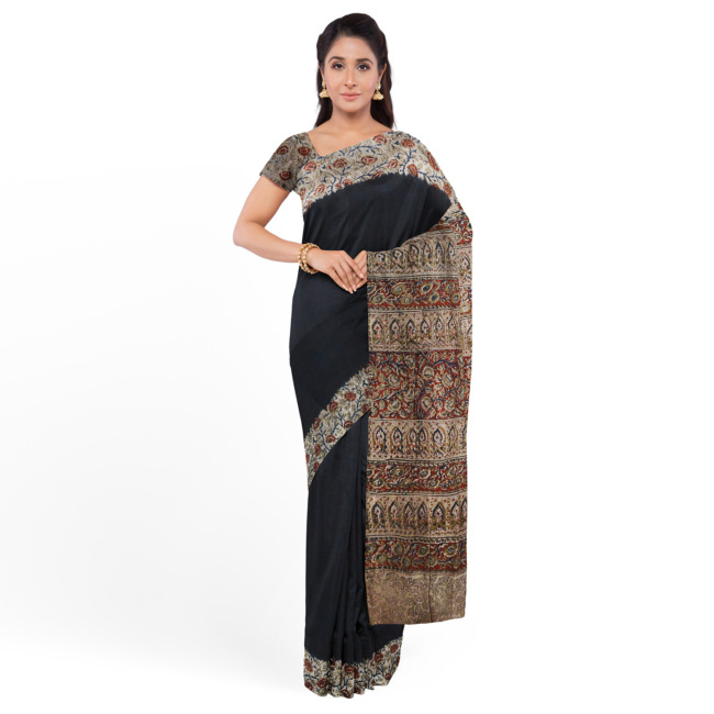 Tribes India Printed Kalamkari Design Silk Saree with Blouse Piece Black and Red