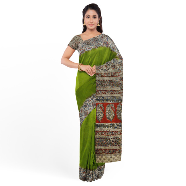 Tribes India Printed Kalamkari Design Saree with Blouse Piece Green Color