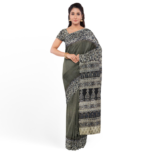 Tribes India Printed Kalamkari Design Saree with Blouse Piece Grey Color