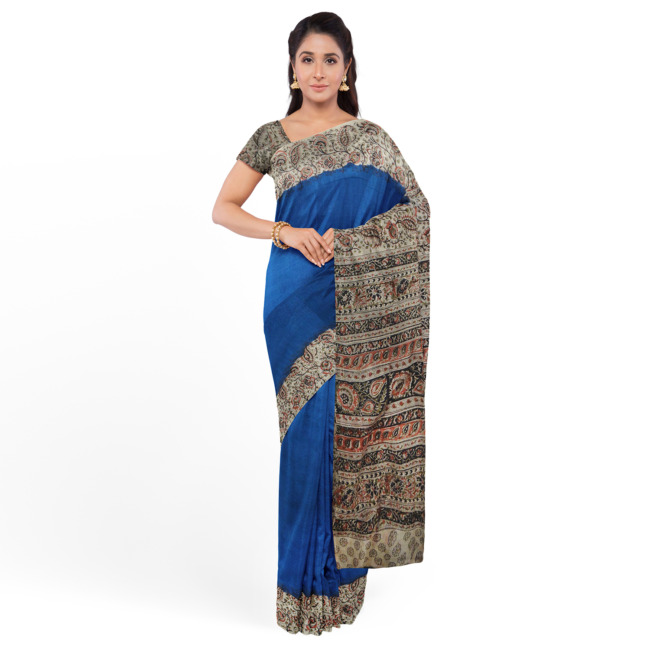Tribes India Printed Kalamkari Design Saree with Blouse Piece Blue Color