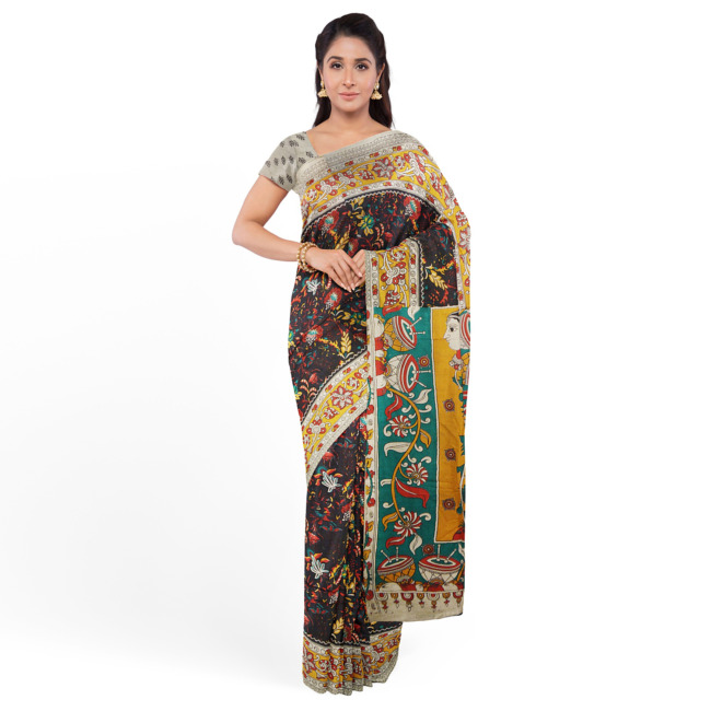 Tribes India Printed Kalamkari Design Saree with Blouse Piece Dark Brown & Yellow Color