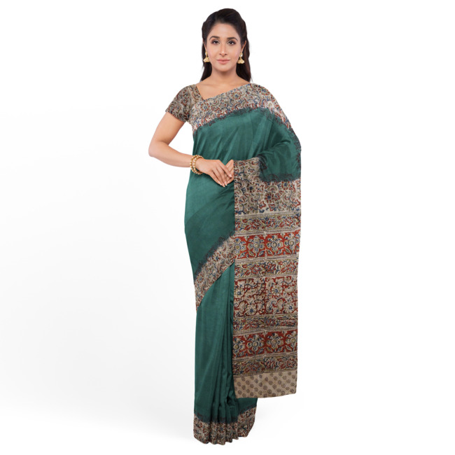 Tribes India Printed Kalamkari Design Saree with Blouse Teal Color