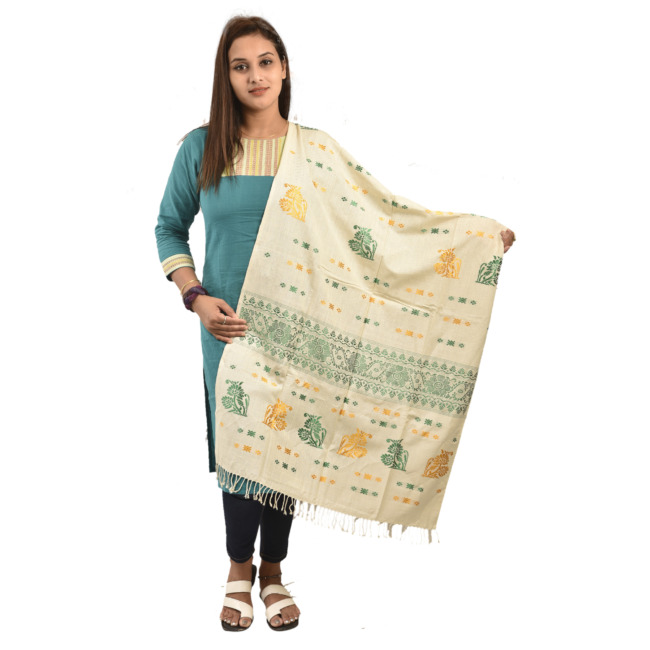 Hand Woven Traditional Eri Silk Stole Floral Design By Tribal Artisans of Assam