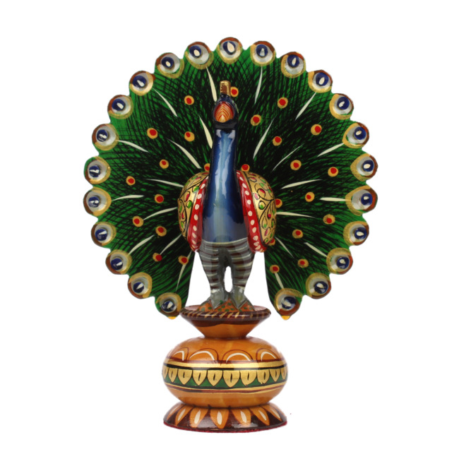 Hand Painted Multi Color Wooden Peacock On Pot