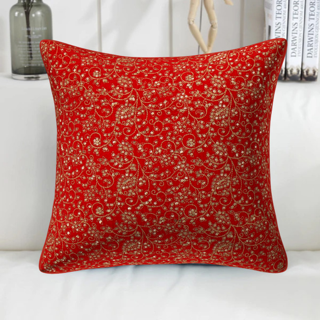 Red Hand Embroidered Silk Cushion Cover With Sequin Work