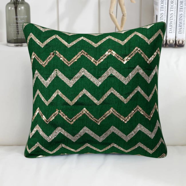 Green Silk Cushion Cover With Zig-Zag Zari Sequin Work