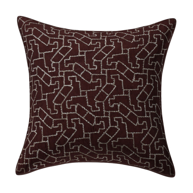 Brown Silk Cushion Cover With Geometric Zari Work