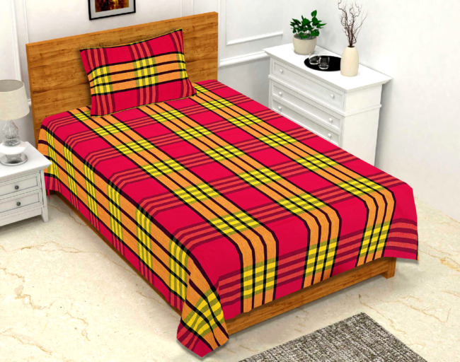 Cotton Check Printed Single Bedsheet Pillow Cover Set
