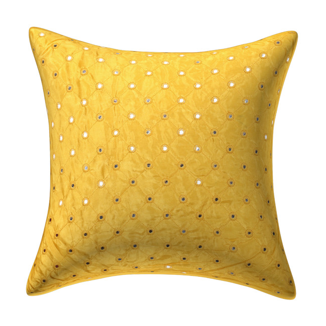 Yellow Mirrorwork Cushion Cover With Pom Pom