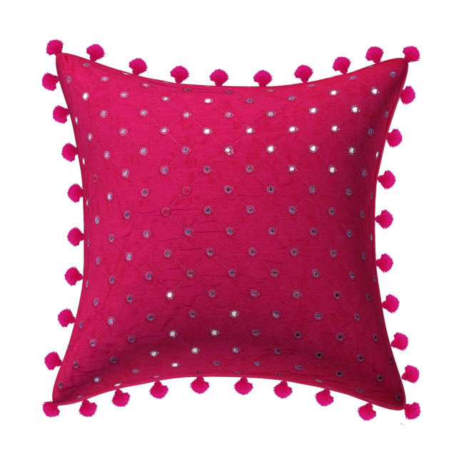 Pink Mirrorwork Cushion Cover With Pom Pom