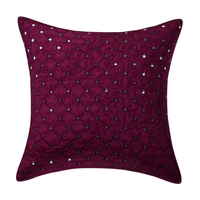 Purple Mirrorwork Cushion Cover With Pom Pom