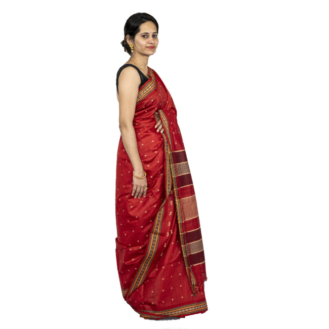 Handwoven Tassar Silk Temple Red Saree