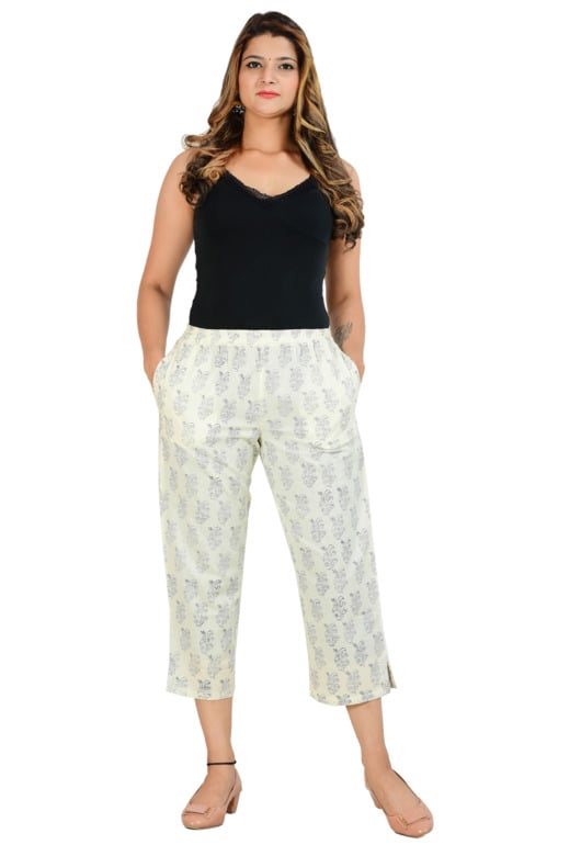 Tribes India Women's Printed Cotton Pant – Off-White Floral Print