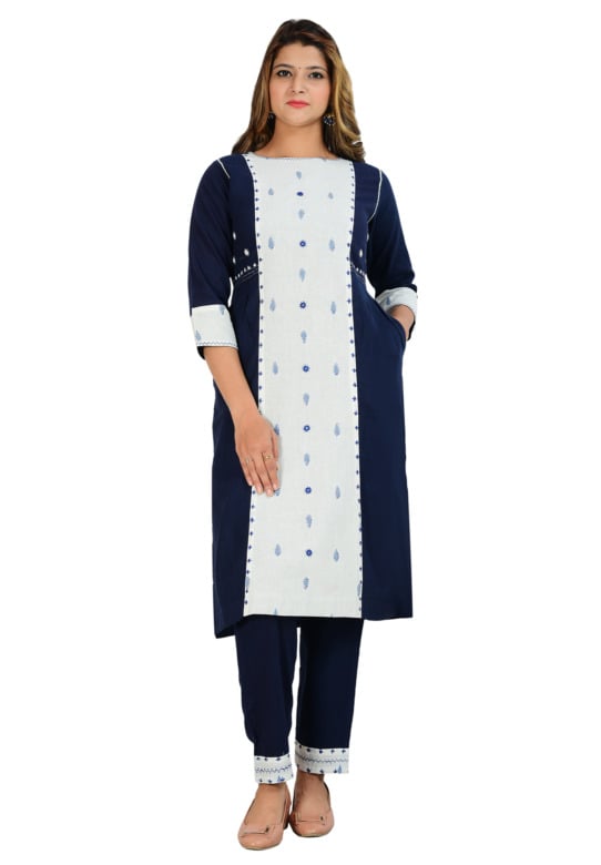 Blue Hand Embroidered Cotton Kurti-Pant Set With Kantha Work