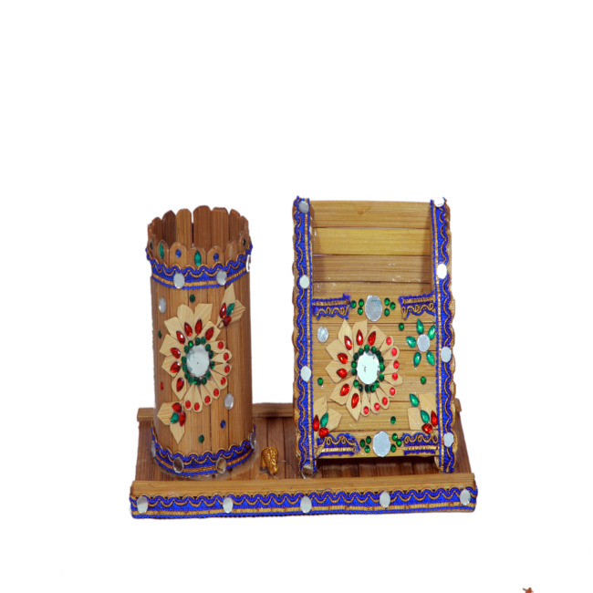Handcrafted Bamboo Mobile Stand with Pen Holder – Eco Desk Organizer | Tribes India