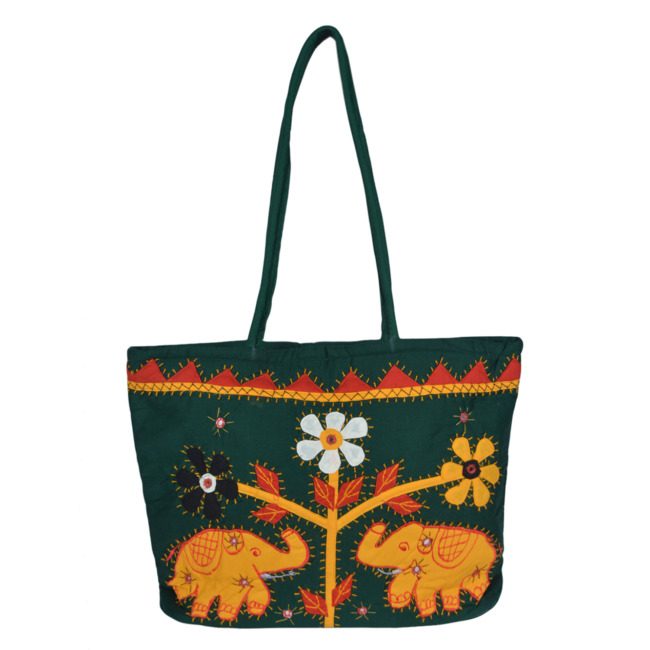 Tribes India Handcrafted Flowers Design Handmade Womens Handbag Dark Green with Yellow Color