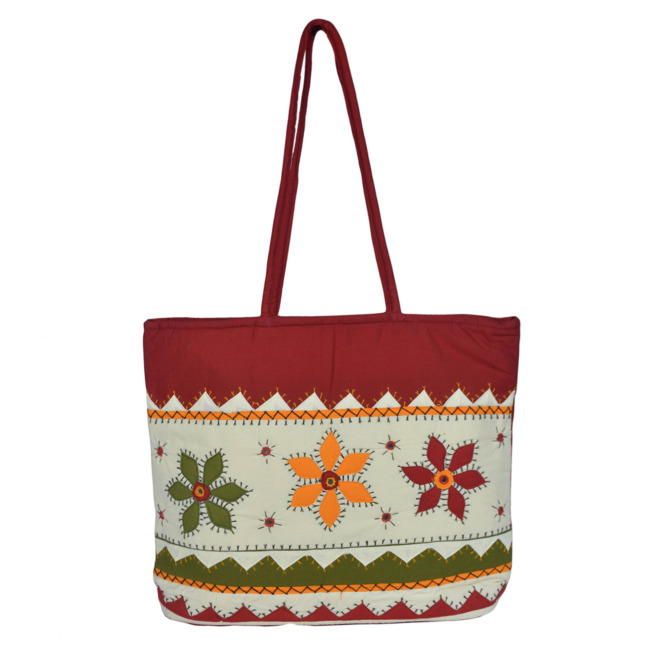 Tribes India Handcrafted Flowers Design Banjara Embroidered Womens Handbag Off White with Maroon