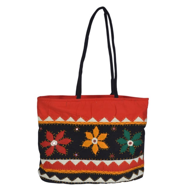Tribes India Handcrafted Flowers Design Handmade Womens Handbag Black with Red Color