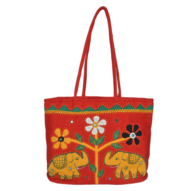 Tribes India Handcrafted Flowers Design Handmade Womens Handbag Red Color