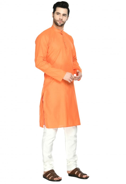 Tribes India Cotton Linen Kurta & Pyjama Set - Orange